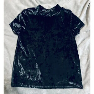 NWOT Nordstrom SZ L 10/12 Black Velvet High Neck Short Sleeve Shirt Top Key Hole